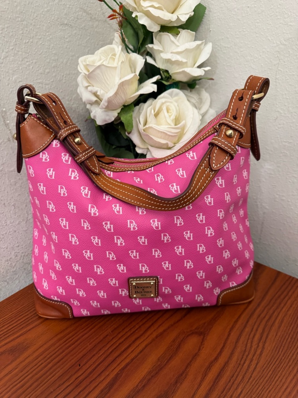 Dooney & Bourke Pink Signature Canvas Shoulder Bag with Tan Trim